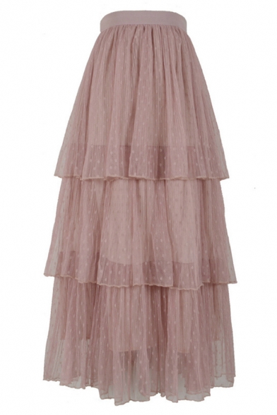 

Glamorous Ladies' Elastic Waist Ruffle Trim Tiered Mesh Long Plain Pleated A-Line Skirt, Black;pink;white;apricot;blue-gray, LM584809