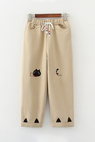 Preppy Style Cute Cat Letter Embroidery Drawstring Waist Loose Fit Daily Pants with Pocket