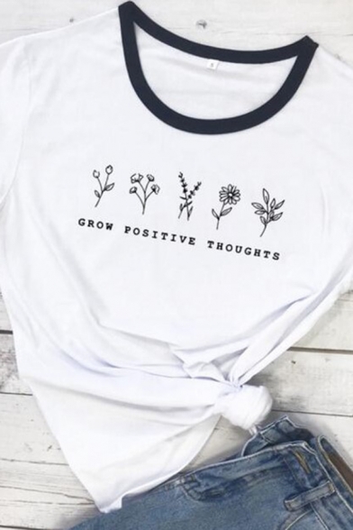 Simple Floral Letter GROW POSITIVE THOUGHTS Printed Contrast Trim Short Sleeves Fitted Graphic T-Shirt