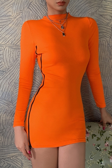Creative Zip Side Mock Neck Long Sleeve Orange Mini Bodycon Dress for Women