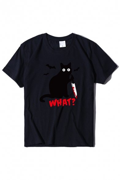Halloween Cat Blood Knife Letter WHAT Printed Short Sleeve Round Neck Graphic T-Shirt