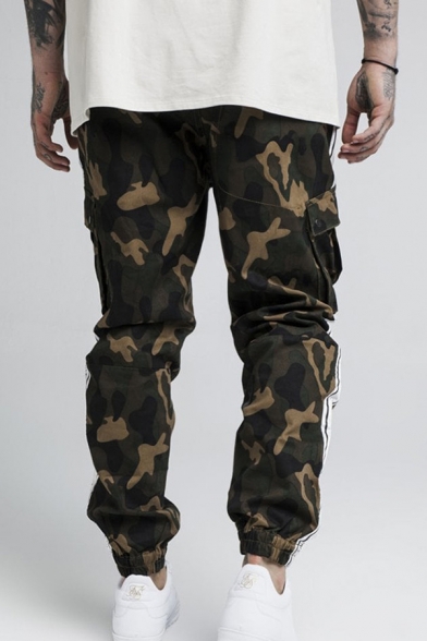 Men's Active Camo Printed Side Stripe Pocket Side Loose Fit Cargo Pants