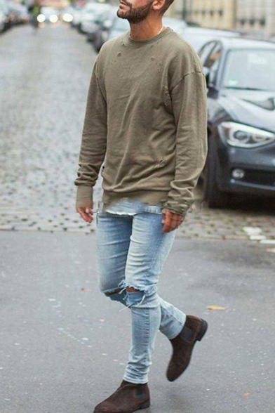 Men's Simple Army Green Round Neck Long Sleeves Relaxed Fit Ripped Sweatshirt