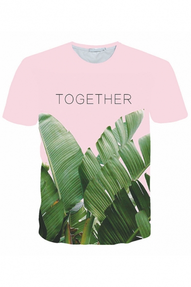 Men's Stylish Banana Leaf TOGETHER 3D Print Short Sleeve Round Neck Pink and Green Summer Tee