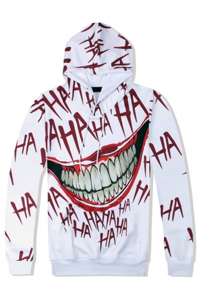 Men's Unique Grin Letter HAHA 3D Printed Long Sleeves White Casual Hoodie