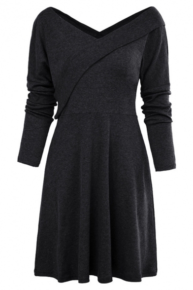Women's Casual Plain Long Sleeve Surplice Neck Mid Length Pleated A-Line Dress