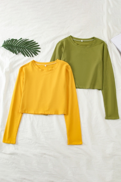 Girls Simple Plain Round Neck Long Sleeves Thin Loose Cropped T-Shirt