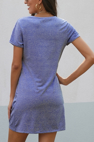 Leisure Cozy Short Sleeve V-Neck Twist Asymmetric Hem Plain Relaxed T-Shirt Dress