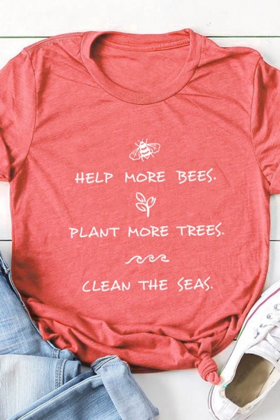 Letter HELP MORE BEES PLANT MORE TREES CLEAN THE SEAS Printed Short Sleeve Loose Tee