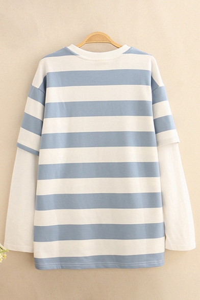 Lovely Milk and Mouse Printed Fake Two Piece Patch Long Sleeves Blue and White Striped Sweatshirt