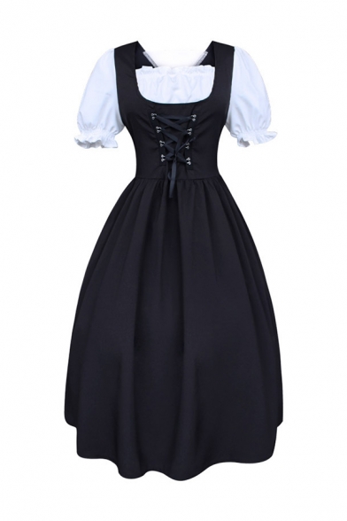 Medieval Puff Sleeve Lace-Up Front Bowknot Embellishment Black and White Midi Flared Dress