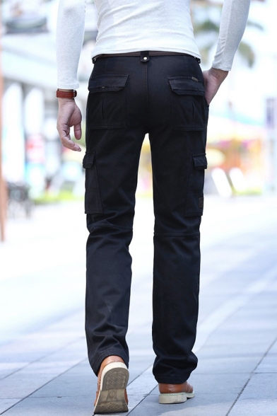 Men's Casual Solid Color Multi Pockets Wide-Leg Pants Thick Cargo Pants