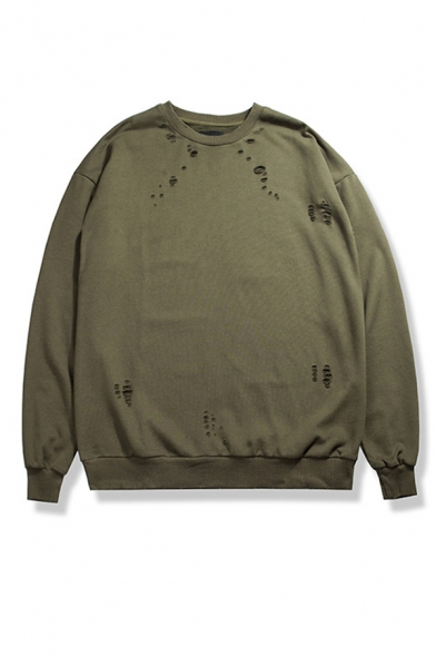 Men's Simple Army Green Round Neck Long Sleeves Relaxed Fit Ripped Sweatshirt