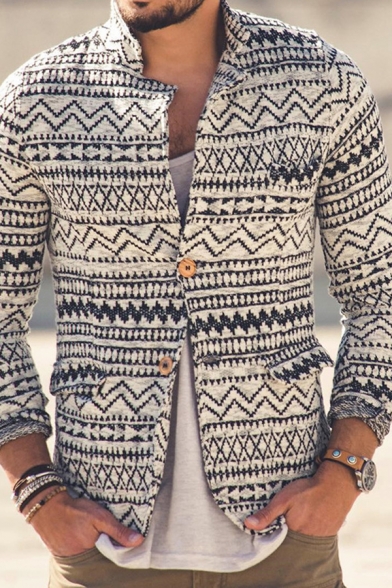 Men's White Tribal-Geo Print Long Sleeves One Button Flap Pocket Vintage Jacket Knit Cardigan