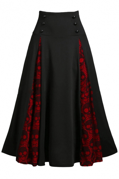 Retro Unique High Rise Button Detail Skull Printed Patched Long Pleated A-Line Skirt for Female