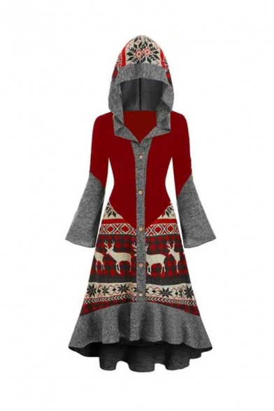 Tribal Style Colorblocked Elk Printed Bell Sleeve Button Down High Low Hooded Ruffle Dress