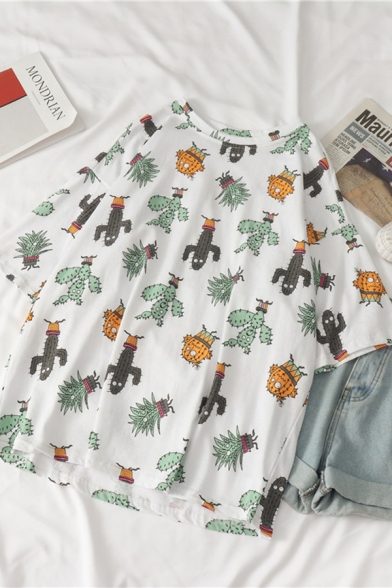 Cartoon Cactus Pattern Short Sleeves Crew Neck Relaxed Fit Leisure T-Shirt