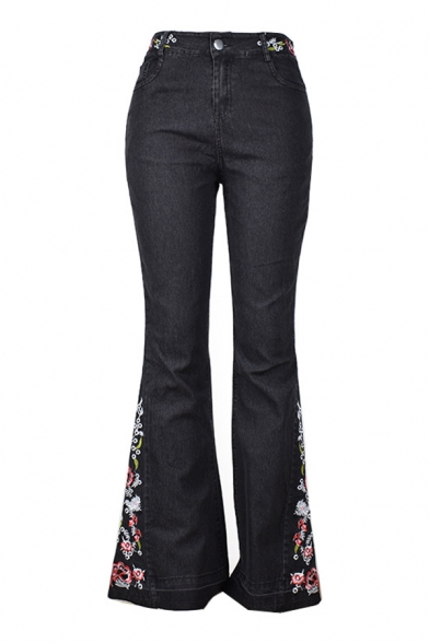 Chic Street Ladies' High Waist Floral Embroidered Bleach Full Length Flared Jeans