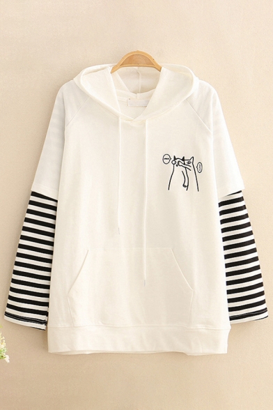 Fancy Cat Printed Stripe Patched Long Sleeves False Two Piece Thin Drawstring Hoodie