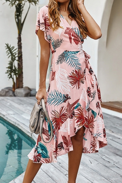 Hawaii Style Leaf Pattern Surplice Neck Short Sleeves Ruffled Asymmetric Hem Midi Wrap Dress