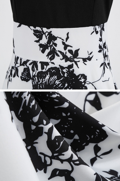 Retro Women's Ruffled Sleeve Crew Neck Polka Dot Print Patched Midi Pleated Swing Dress
