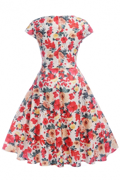 Retro Women's Short Sleeve Surplice Neck All Over Floral Printed Midi Pleated Swing Dress
