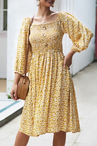 Ethnic Pretty Ladies' Blouson Sleeve Round Neck Button Front All Over Floral Printed Maxi Pleated Flowy Dress