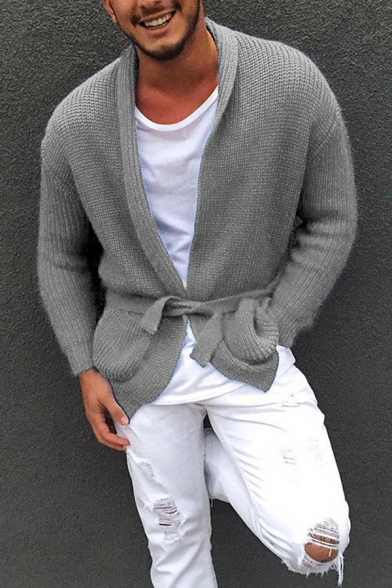 Men's Casual Whole Colored Long Sleeves Tied Waist Plain Loose Knitted Cardigan