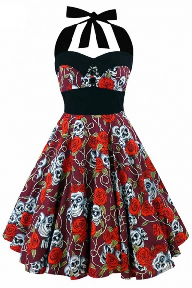Retro Ladies' Sleeveless Bow Tie Halter All Over Floral Print Contrasted Mid Pleated Swing Dress