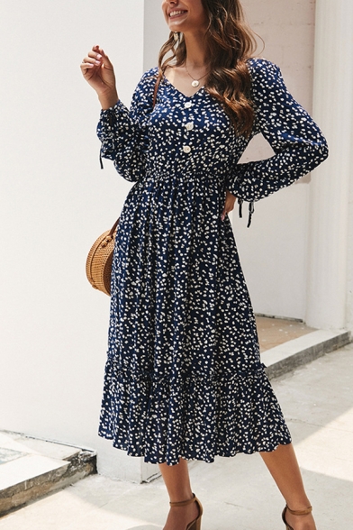 Stylish Street Female Long Sleeve V-Neck Button Front All-Over Floral Printed Ruffle Trim Pleated A-Line Dress