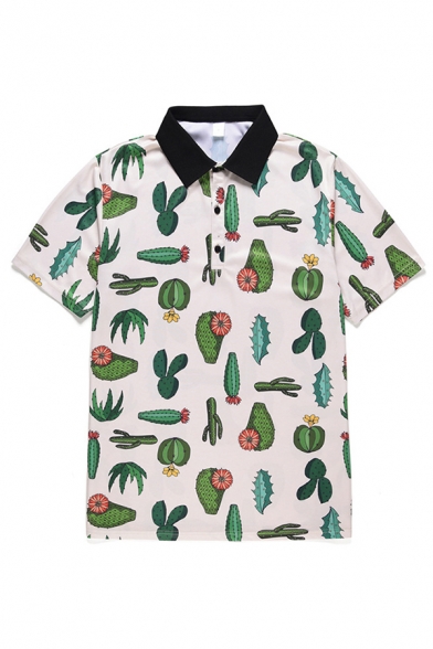 Summer Fashion Allover Cactus Pattern Short Sleeves Button Closure Contrast Collar Polo Shirt