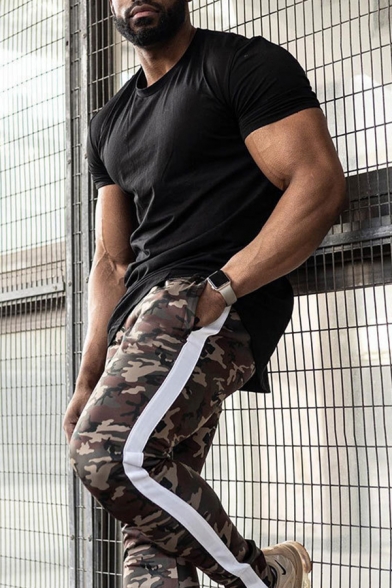 Unique Camo Print Stripe Side Drawstring Waist Skinny Fit Leisure Pants for Men