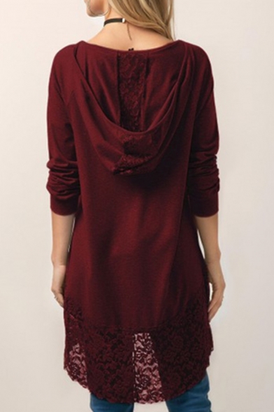 Women's Casual Long Sleeve Round Neck Loose-Fit Lace Patchwork Tunic Hooded T-Shirt