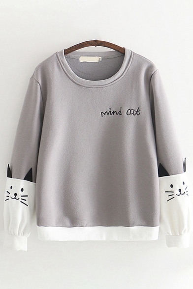 Cute Embroidery Letter MINI CAT Printed Contrast Color Long Sleeves Round Neck Loose Fit Pullover Sweatshirt