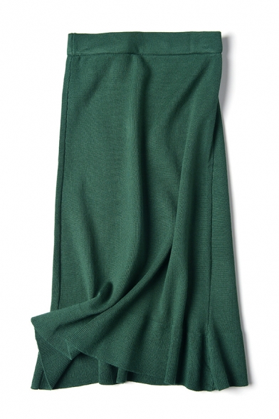 Elegant Women's High Waist Ruffle Trim Knit Plain Long Fishtail Skirt