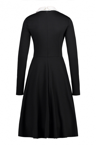 Formal Retro Long Sleeve Lapel Neck Zipper Back Plain Midi Pleated A-Line Dress for Female