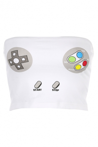 Funny Gamekeyboard Printed Sleeveless White Fitted Cropped Tube Top for Edgy Girls