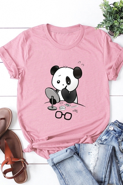 Funny Panda Pattern Rolled Short Sleeves Round Neck Cotton Summer T-Shirt