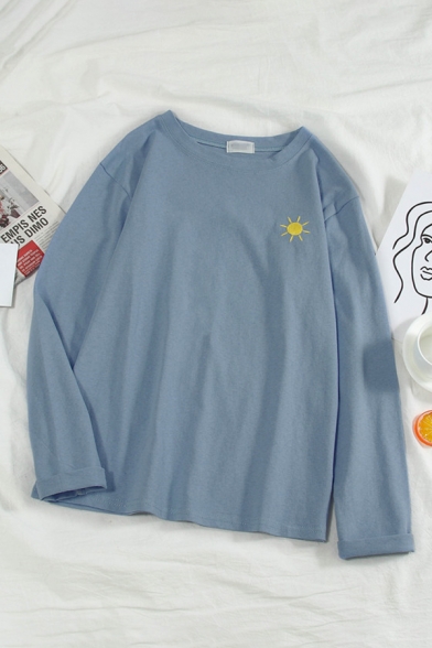 Girls Fashion Moon Sun Lightning Cloud Embroidery Pattern Long Sleeve Casual Loose T-Shirt