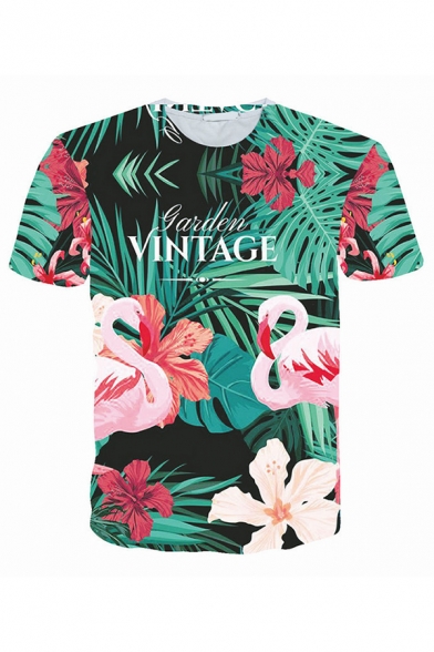 Green and Black Simple Letter VINTAGE Floral Leaf Flamingo 3D Printed Short Sleeves Fitted Tee