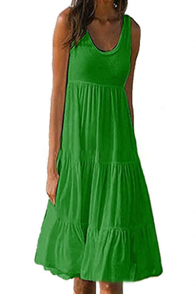 Whole Colored Sleeveless Midi Swing Beach Dress for Ladies