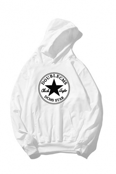 Men's Cool Five-Pointed Star Letter DOUBLECMS Printed Long Sleeve Boxy Pullover Hoodie