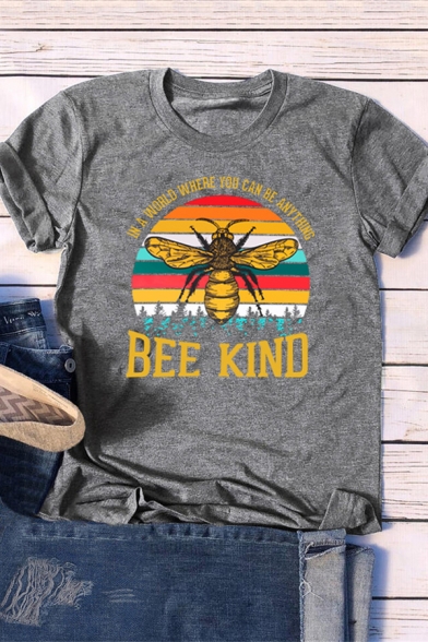Popular Letter BEE KIND Printed Round Neck Curved Short Sleeve Graphic T-Shirt