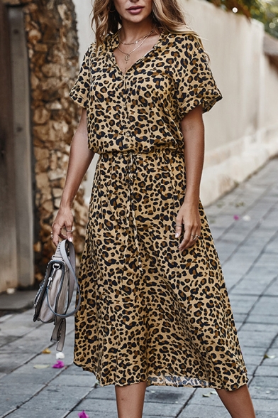 Trendy Street Khaki Short Sleeve V-Neck Button Down Leopard Printed Long A-Line Dress for Women