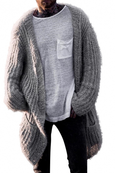 Winter Fashion Plain Gray Long Sleeves Open Front Longline Knitted Cardigan Coat