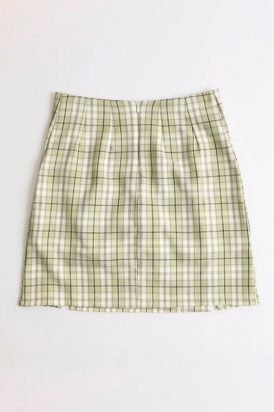 Women's Cute High Rise Zipper Back Plaid Pattern Slit Side Short A-Line Skirt