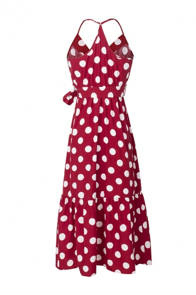 Burgundy Polka Dot Printed Surplice Neck Sleeveless Tie Waist Ruffle Hem Midi Slip Dress