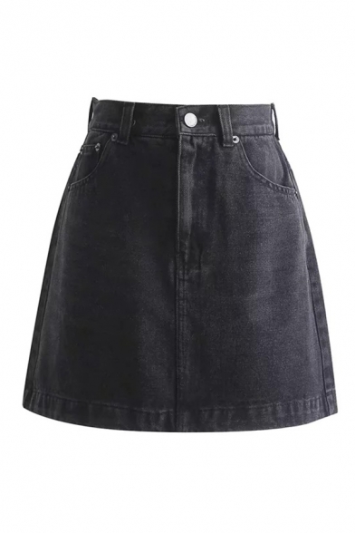 Cool Girls' High Rise Zipper Front Mini Plain A-Line Denim Skirt