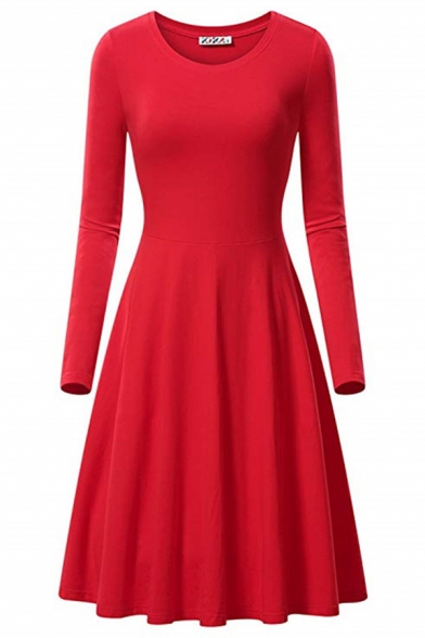 Formal Plain Long Sleeve Round Neck Plain Midi Pleated A-Line Dress for Ladies