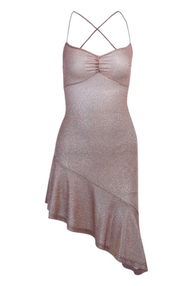 Pink Glitter Fashion Criss Cross Back Ruffle Asymmetric Hem Cocktail Party Dress